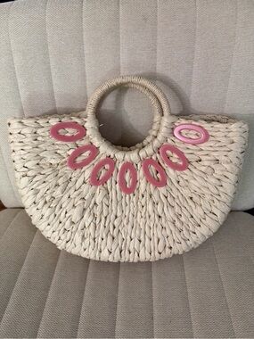 Btb Los Angeles Woven Straw Circle Handle Tote with Pink Accents